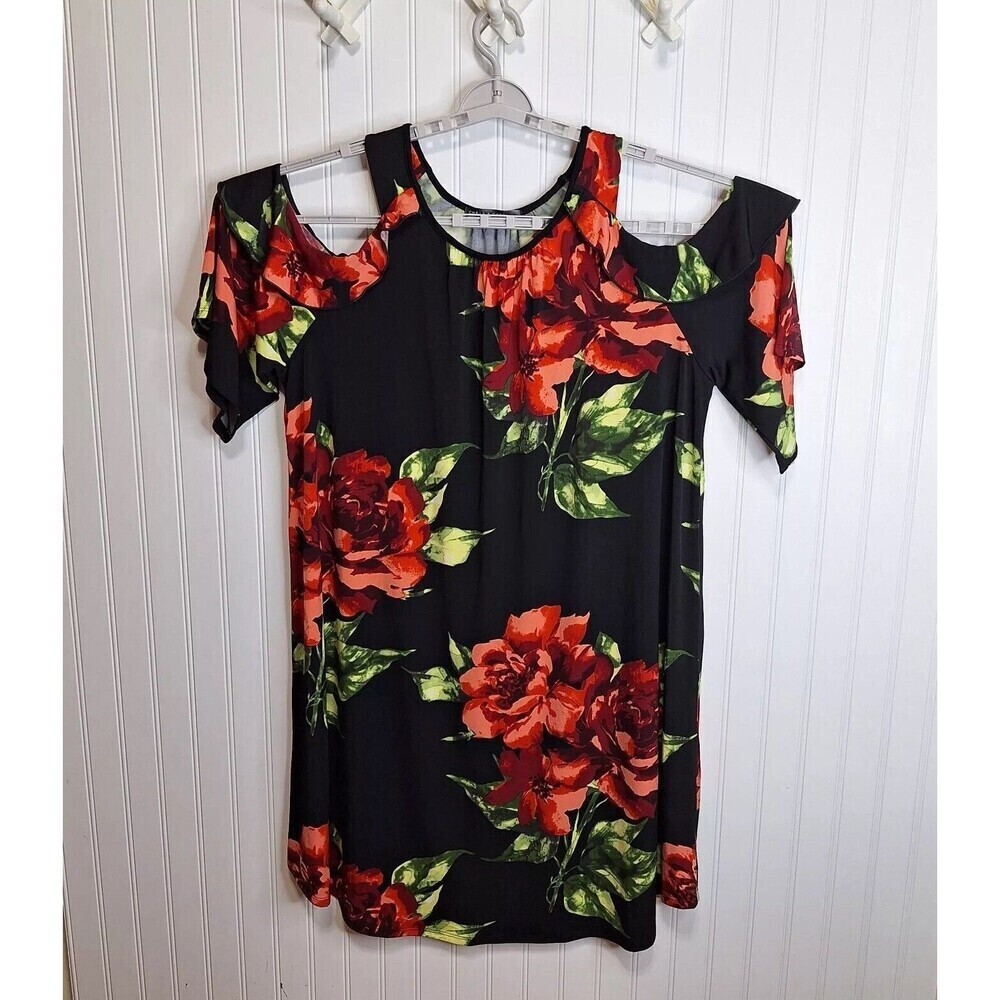 Chris & Carol Plus Womens Size 3X Cold Shoulder Tunic Dress Black Floral‎ Knit - Picture 7 of 15